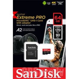 SANDISK Extreme Pro microSDXC 64GB + SD Adapter + Rescue Pro Deluxe 170MB/s A2 C10 V30 UHS-I U3 atmiņas karte